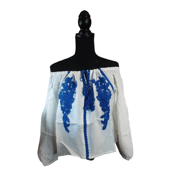 2/$35-Line & Dot Embroidery Off Shoulder Pheasant Boho Blouse Women's Size M - Picture 12 of 13